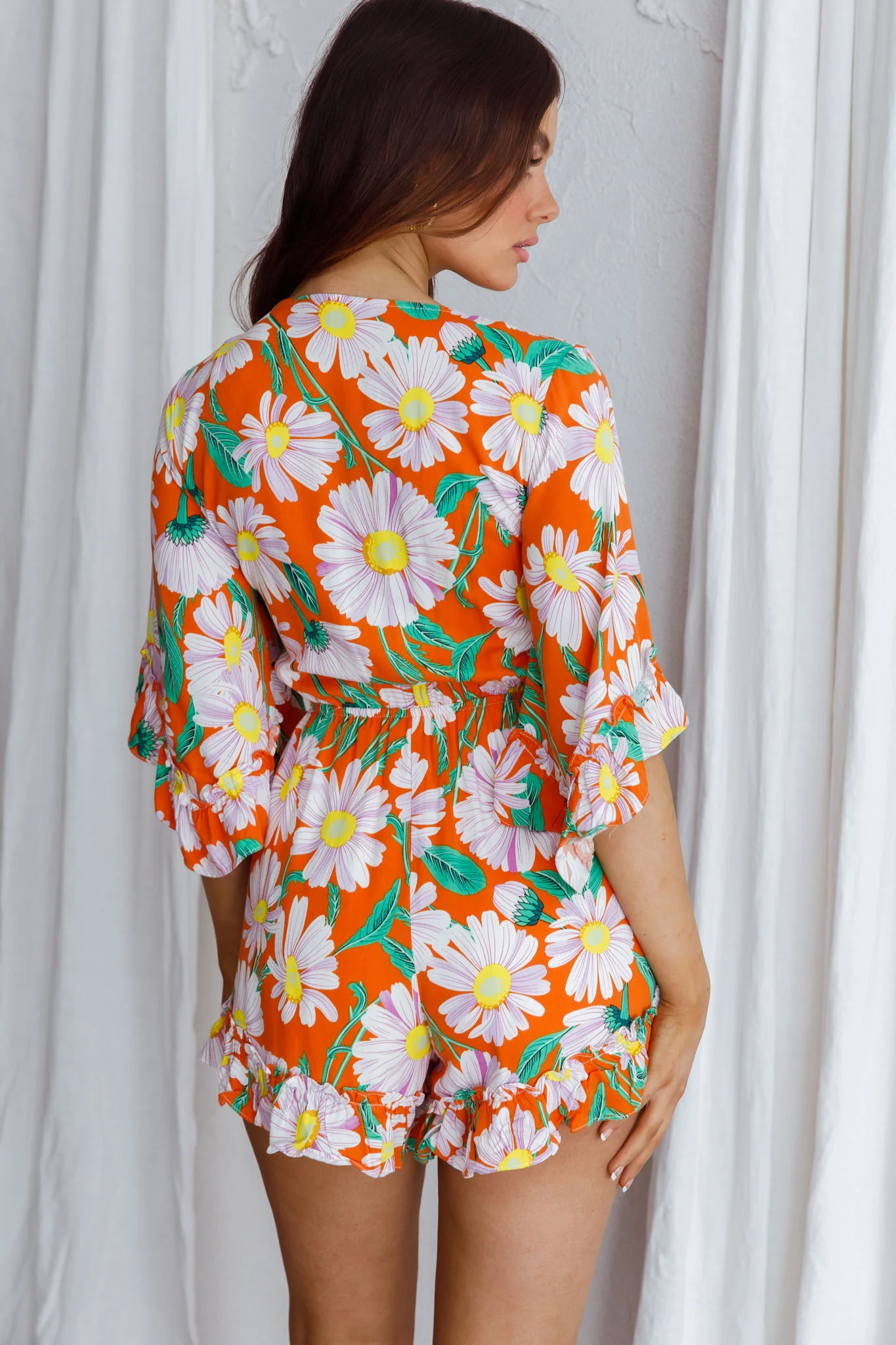 Athira Tied Bust Flared Sleeve Romper Daisy Orange - Seraphlike