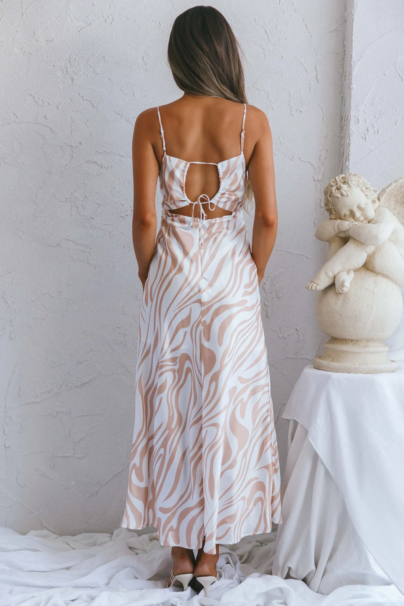 Jasper Cowl Neck Cut-Out Drawstring Back Midi Dress Zebra Print Beige - Seraphlike