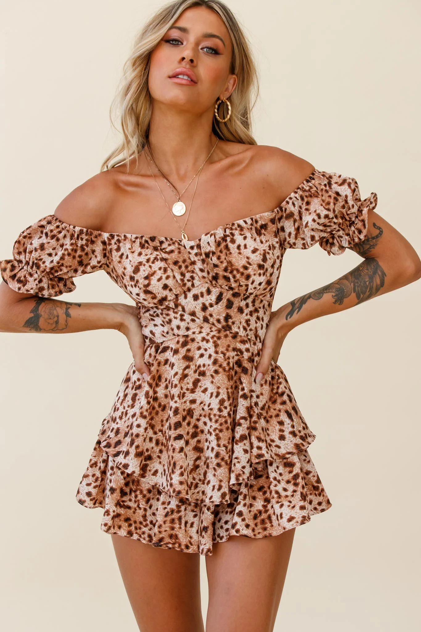 Linka Off-Shoulder Tie Back Romper Leopard Print Brown - Seraphlike