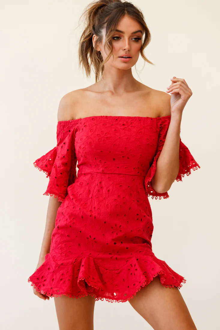 Elissa Off-Shoulder Broderie Anglaise Dress Red - Seraphlike