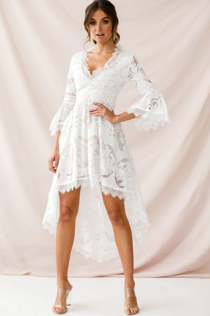 Chantilly High-Low Bell Sleeve Dress White - Seraphlike
