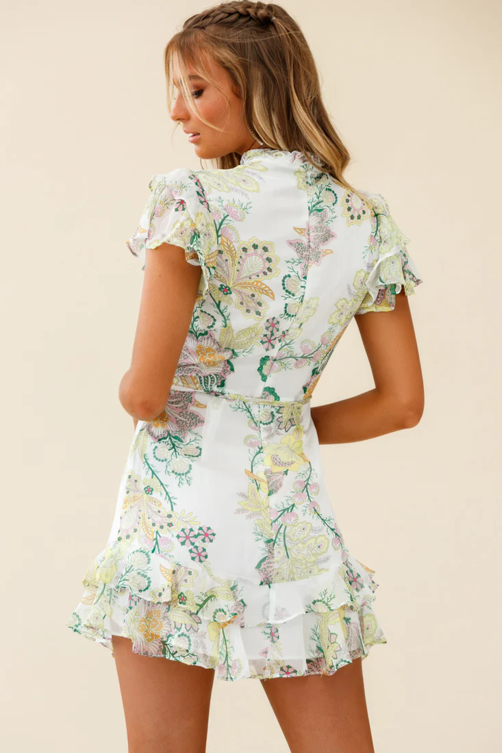 Lark High Neck Ruffle Sleeve Floral Print Dress Green - Seraphlike