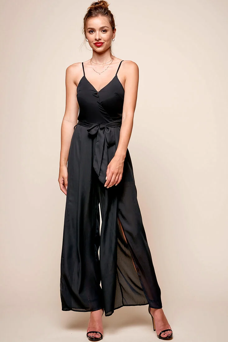 Carrie High Slit Chiffon Jumpsuit Black - Seraphlike