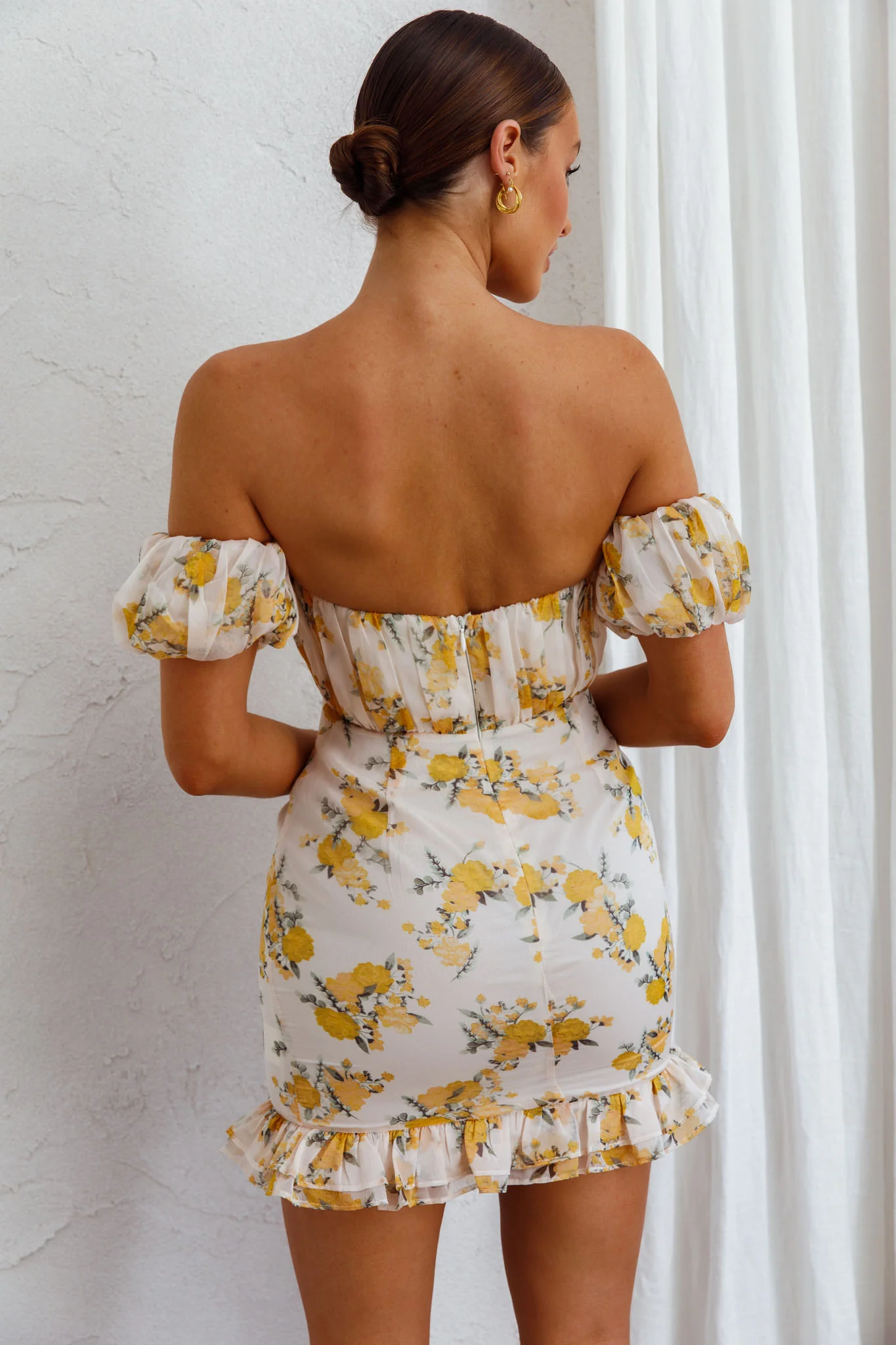 Verona Off-Shoulder Gathered Mini Dress Floral Yellow - Seraphlike