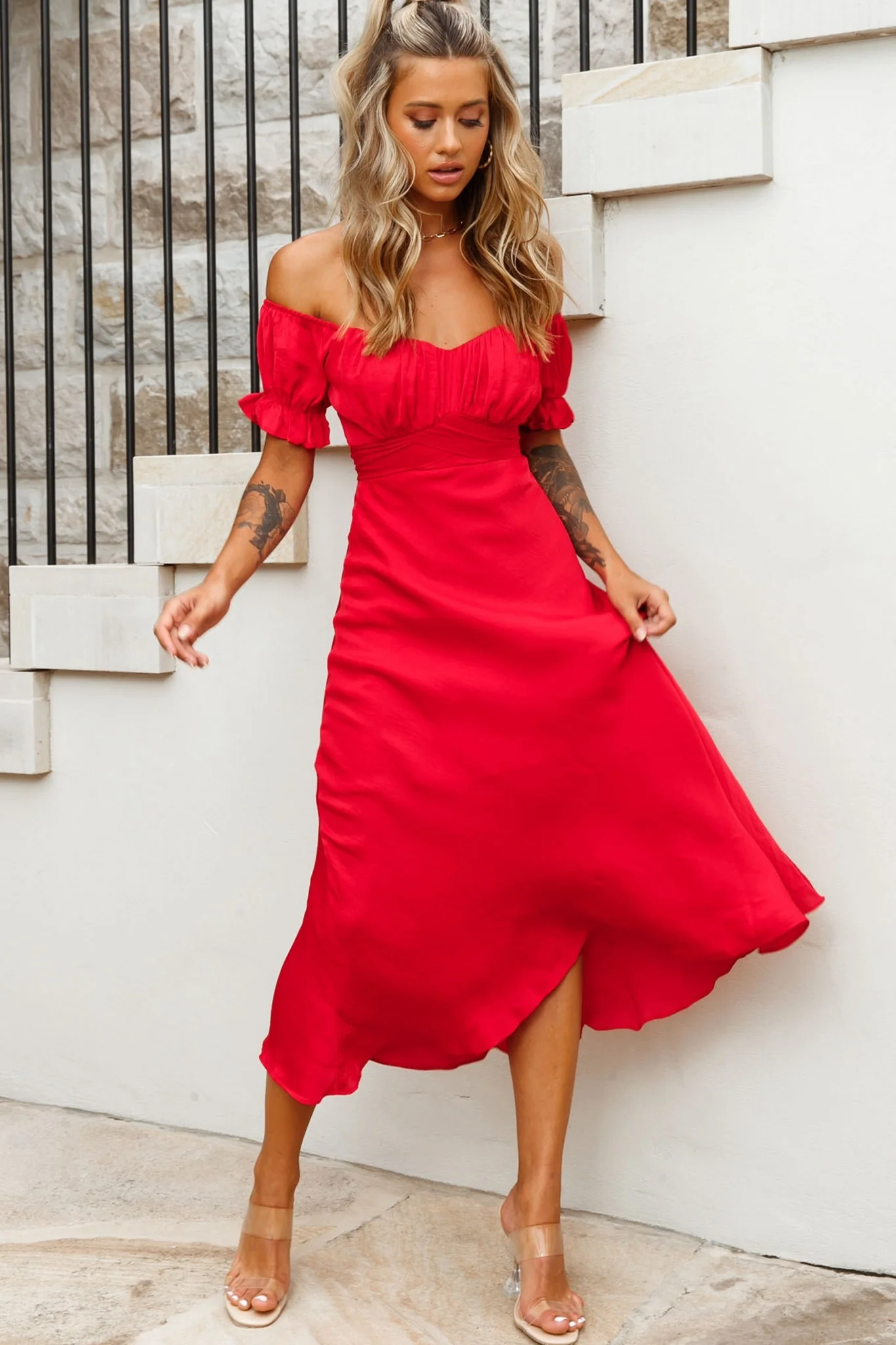 Linka Off-Shoulder Tie Back Midi Dress Red - Seraphlike