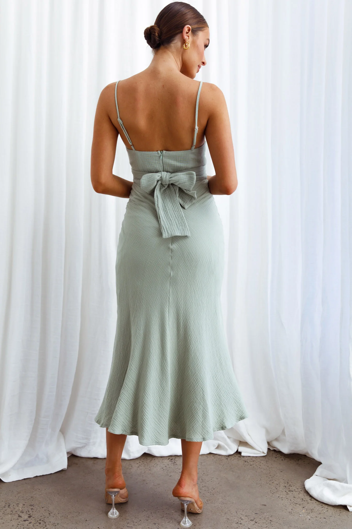 Twin Flame Drawstring Bust Midi Dress Sage - Seraphlike