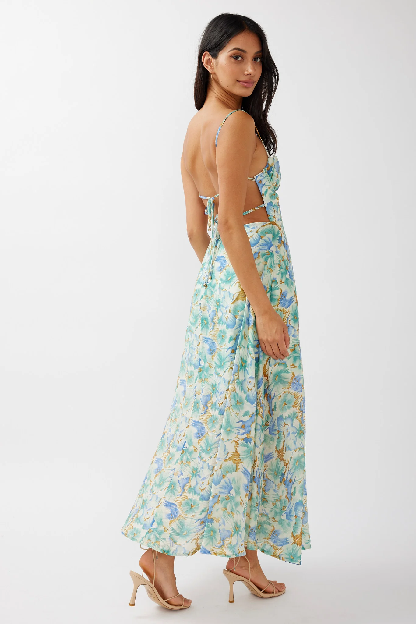 Echoes Tied Back A-Line Midi Dress Floral Green - Seraphlike