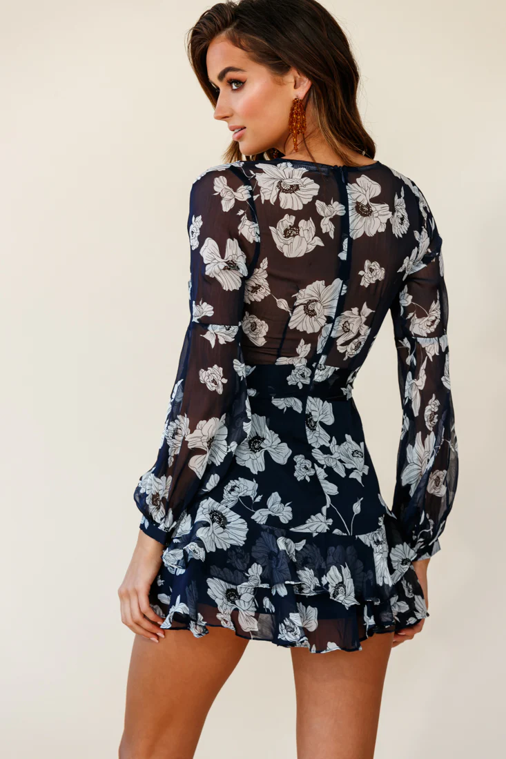 Kerry Layered Balloon Sleeve Dress Poppy Print Navy - Seraphlike