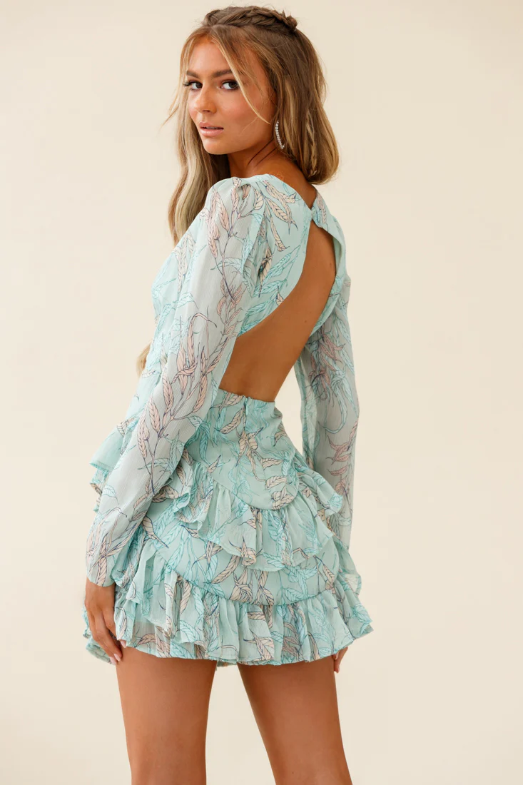 Liz Long Sleeve Double Ruffle Dress Leaf Print Mint - Seraphlike