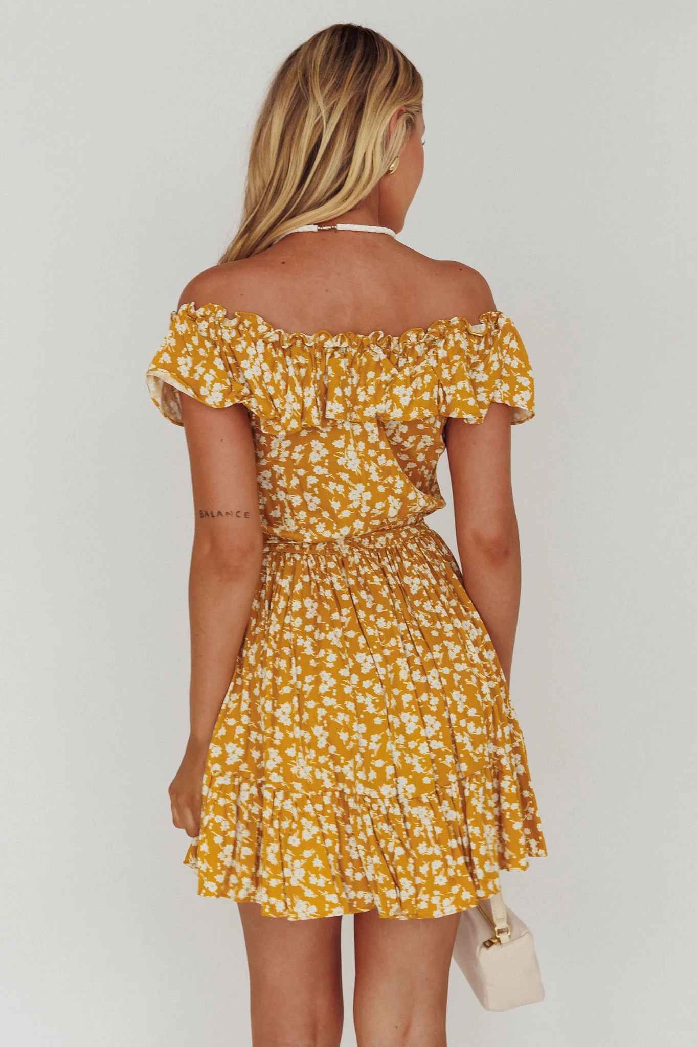 Andie Off-Shoulder Frill Dress Floral Yellow - Seraphlike