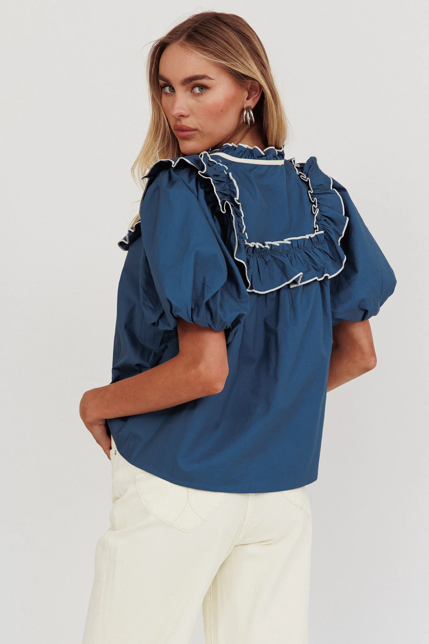 Remarkable Puff Sleeve Tied Neck Top Teal - Seraphlike