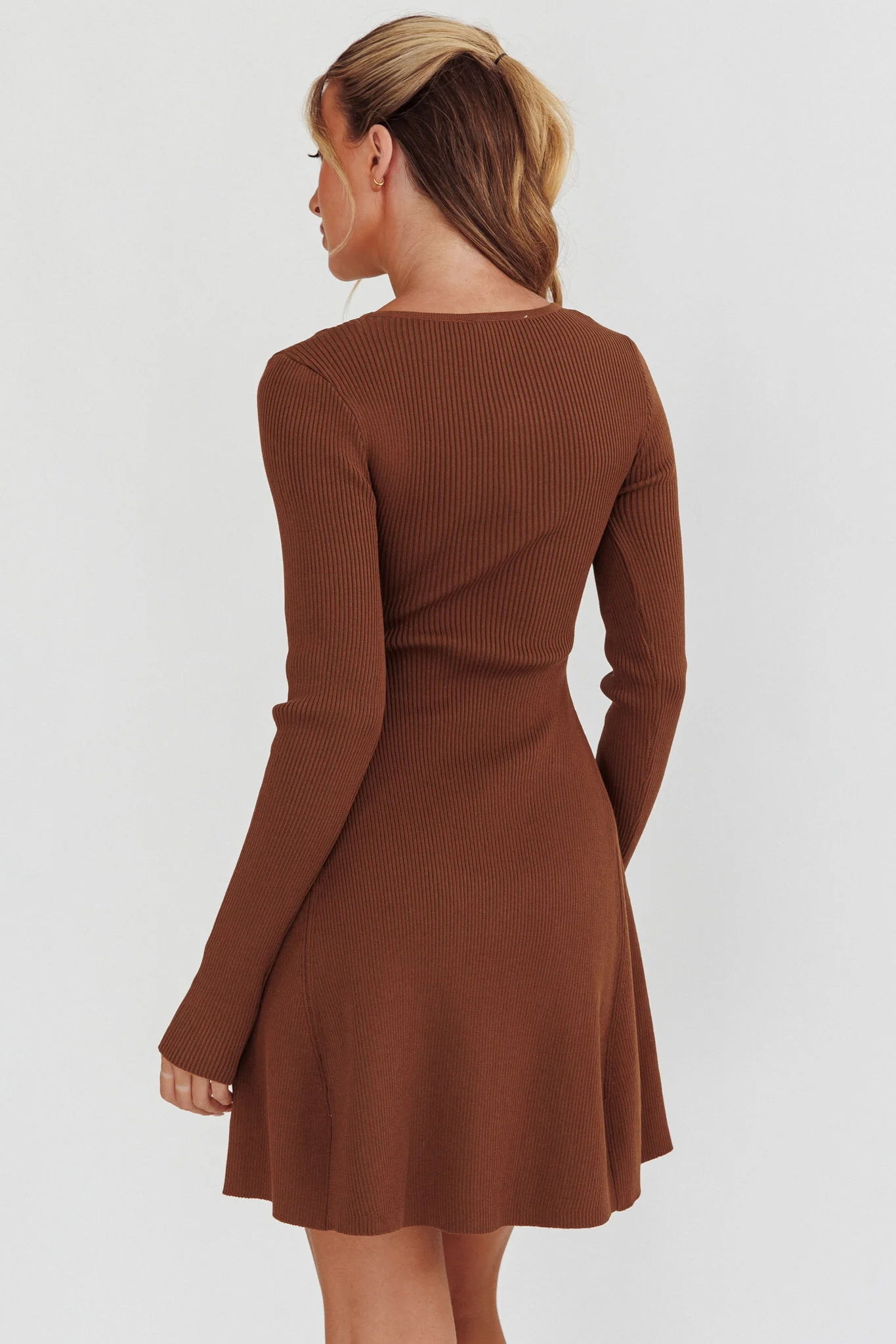 Intuitions Long Sleeve Ribbed Knit Dress Chocolate - Seraphlike