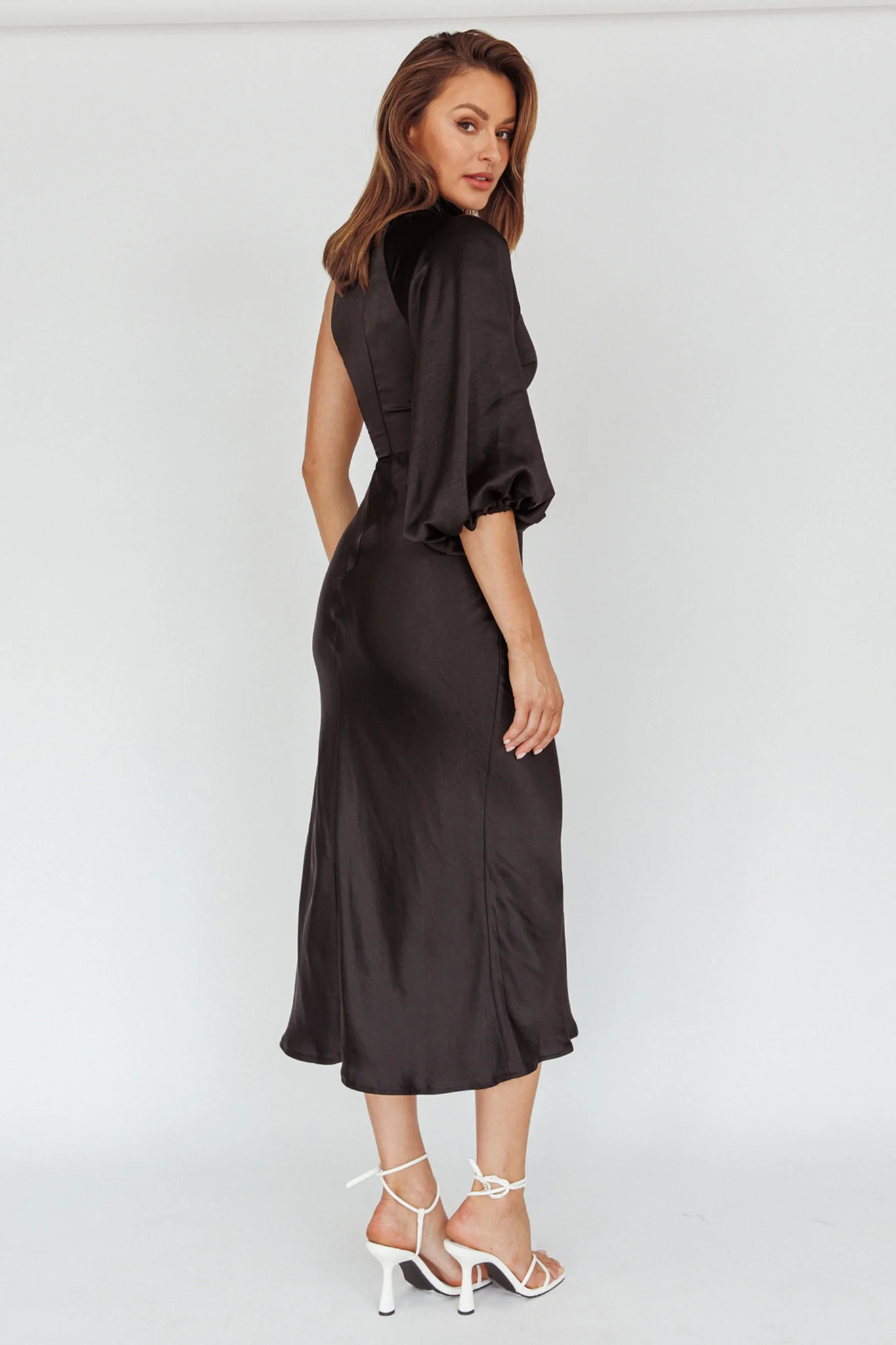 Thessaly One Sleeve Midi Dress Black - Seraphlike