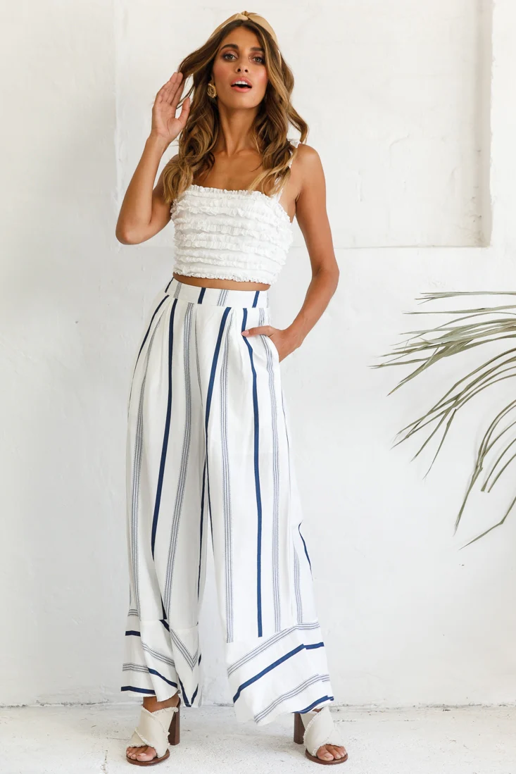 Hermosa Wide Leg Pocket Pants Stripe Print Navy - Seraphlike