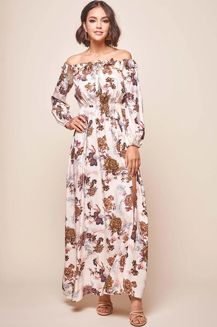 Tatiana Bardot Frill Neckline Maxi Dress Mocha - Seraphlike