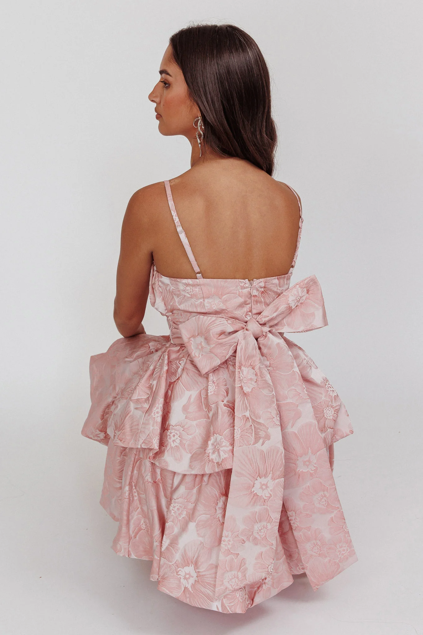 Zilara Bubble Hem Bow Dress Jacquard Pink - Seraphlike