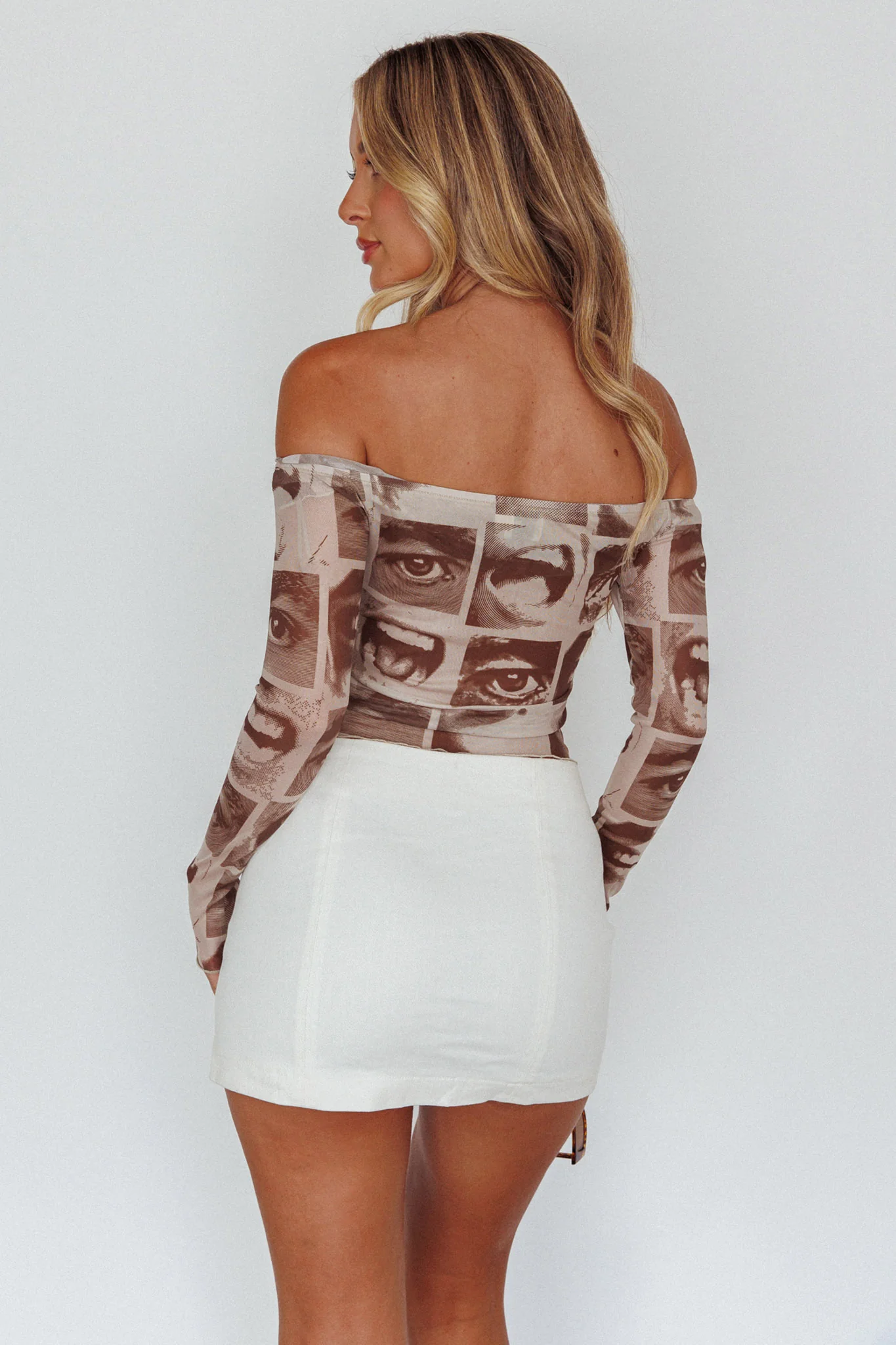 Ramona Long Sleeve Off-Shoulder Top Print Brown - Seraphlike