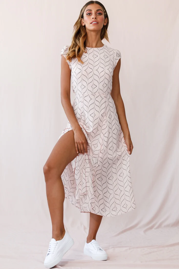 Becky Cap Sleeve Crew Neck Midi Dress Dot Print Blush - Seraphlike