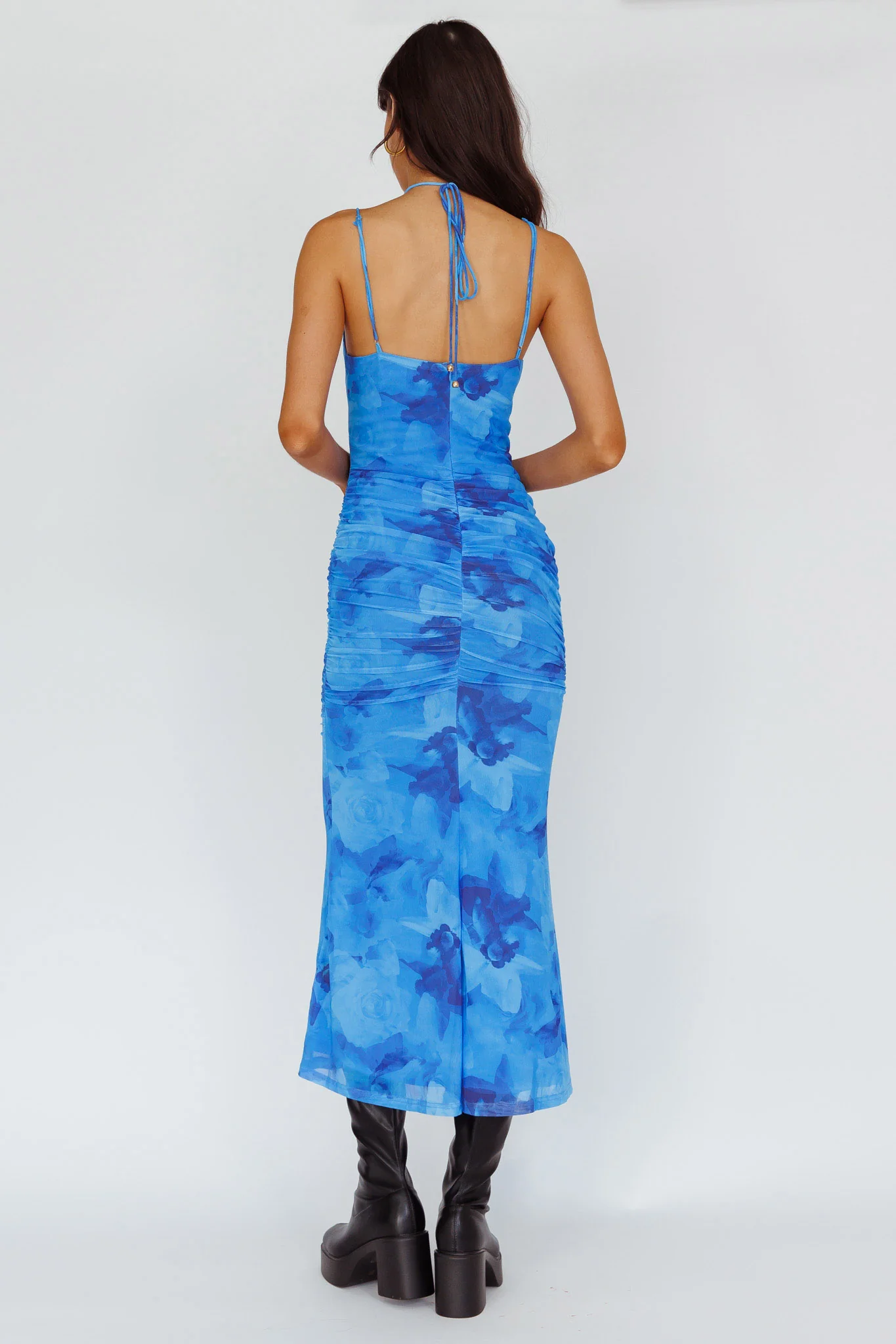 Gypsy Garden Laced Bodice Ruched Midi Dress Blue - Seraphlike