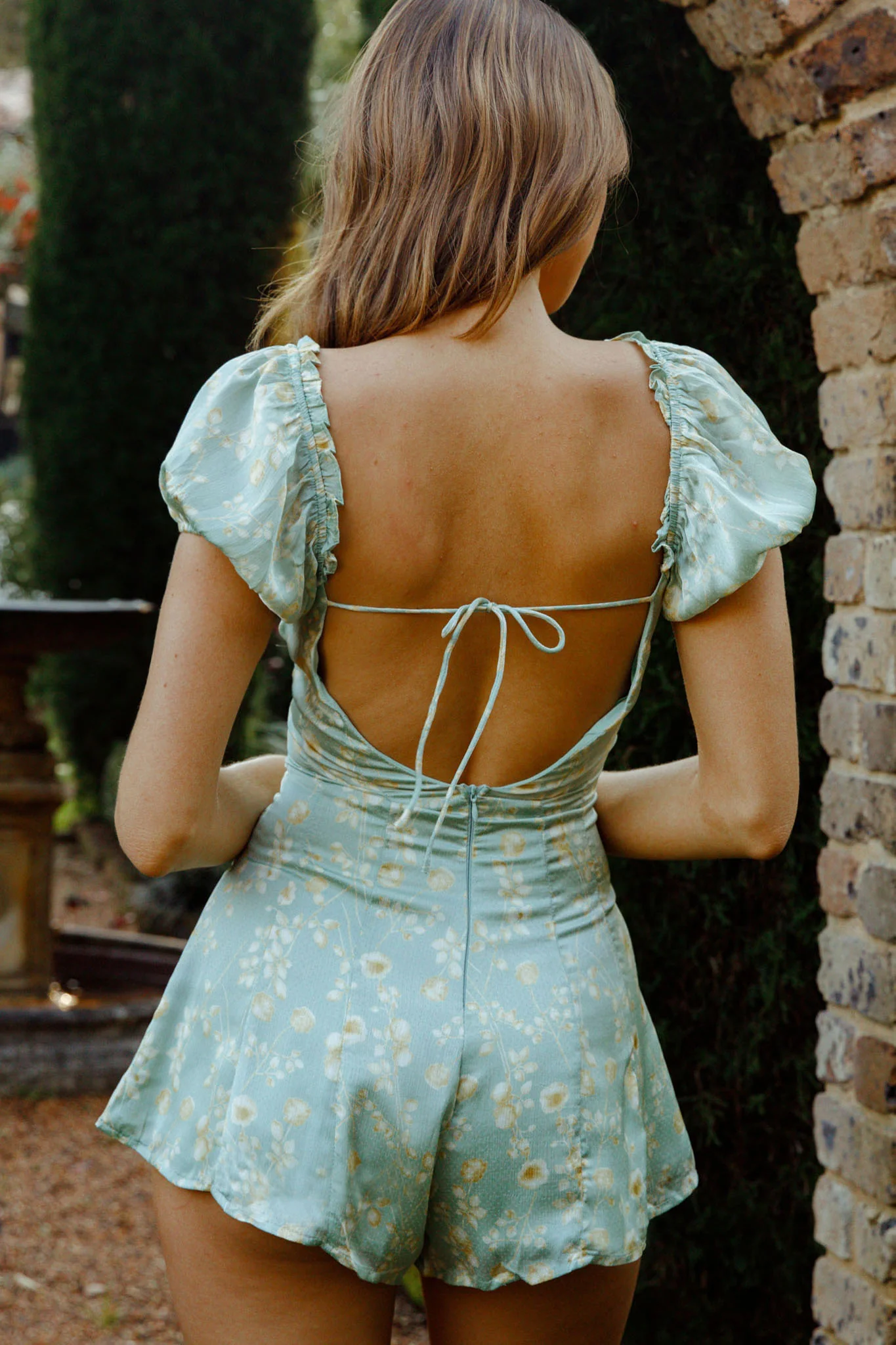 Flora Ruched Bust Puff Sleeve Romper Floral Print Mint - Seraphlike