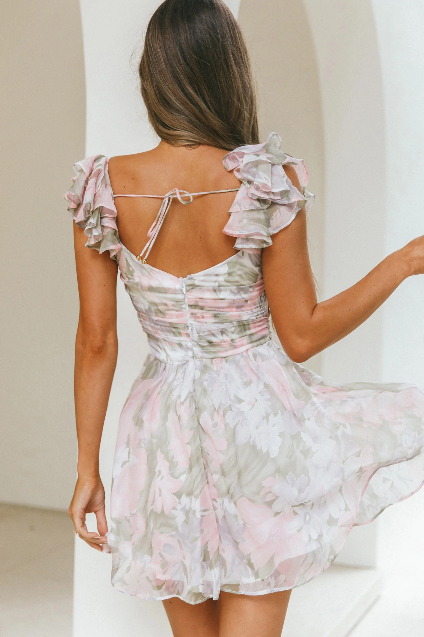 Lola Ruffle Shoulder Ruched Dress Watercolor Floral Pink Multi - Seraphlike