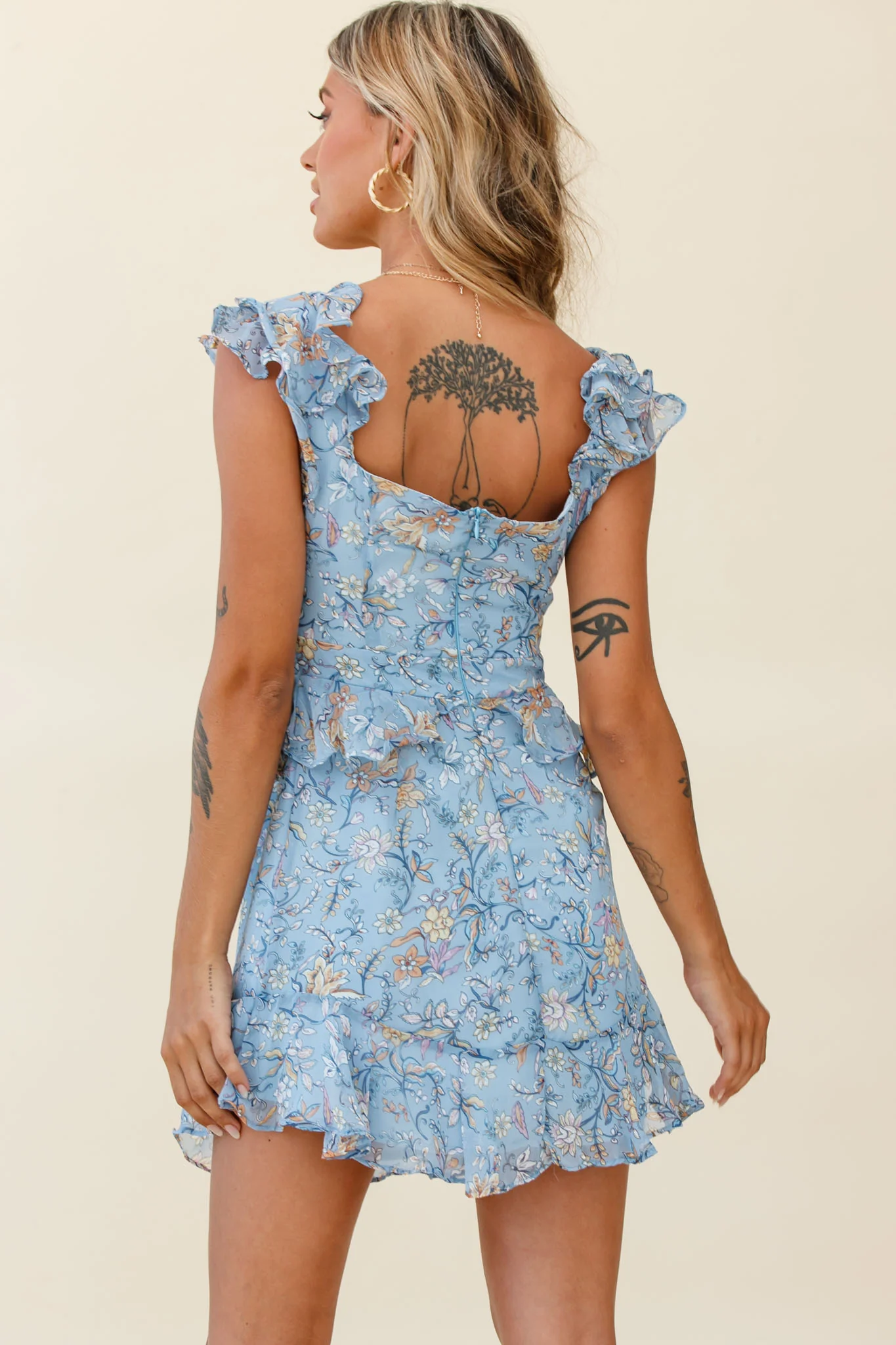 Say That Again Bust Tie Ruffle Trim Dress Floral Print Blue - Seraphlike