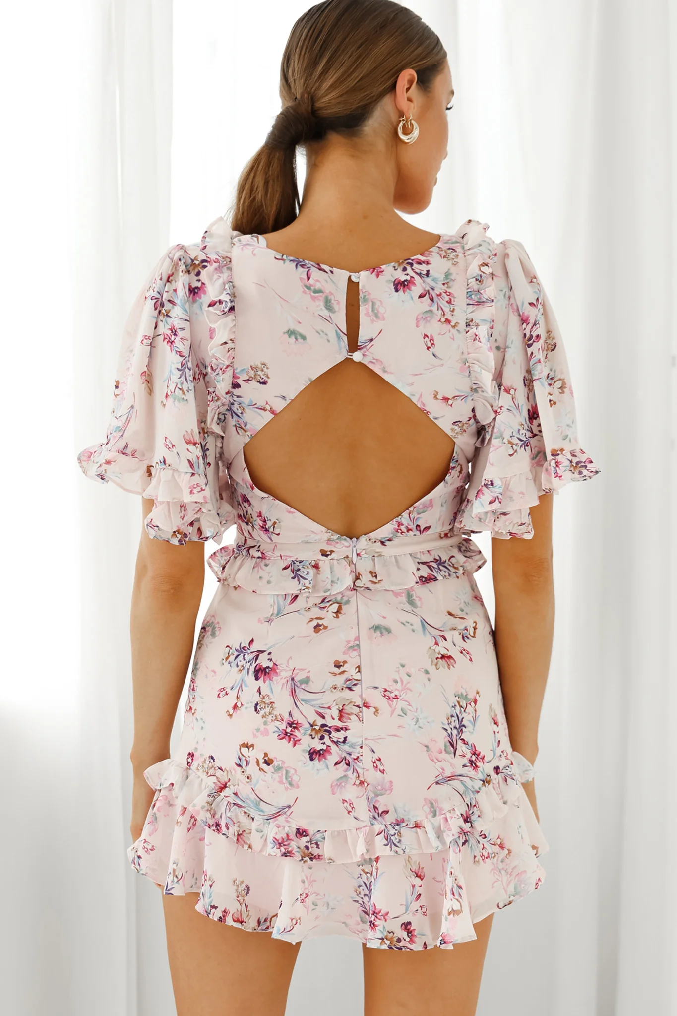 My Belle Cut-Out Detail Frill Accent Dress Floral Print Pink - Seraphlike