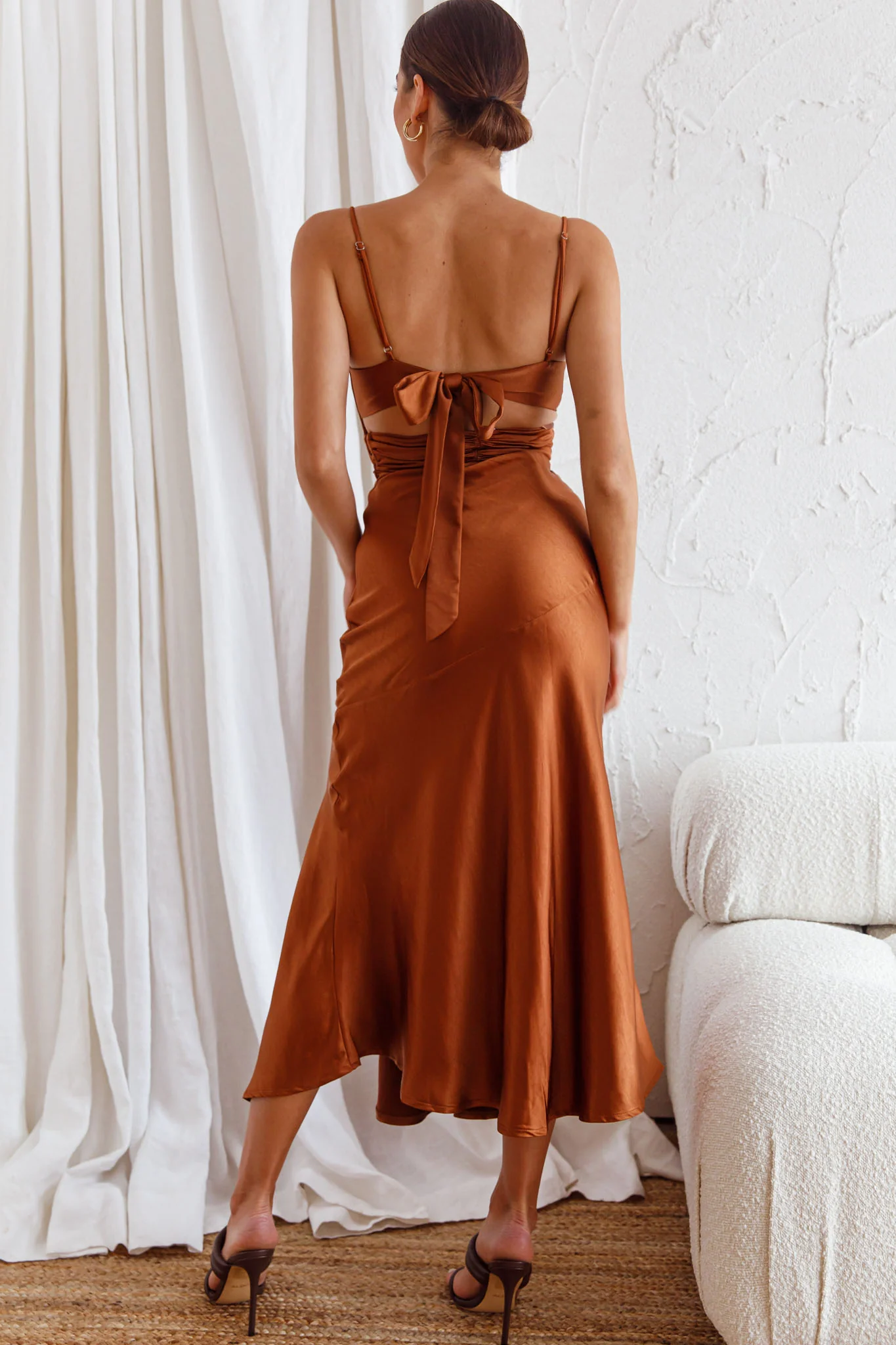 Abby Cami Strap Gathered Bust Front Split Midi Dress Chocolate - Seraphlike