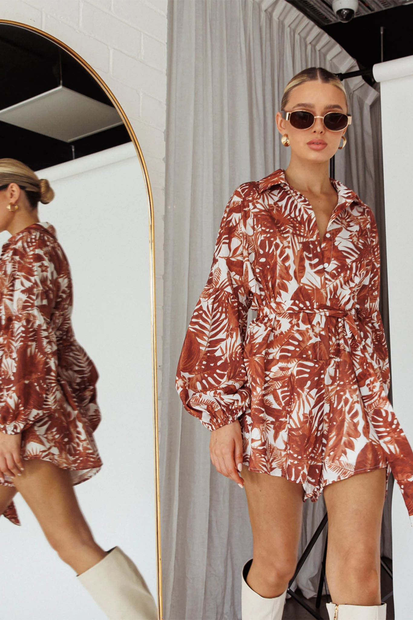 Daytona Beach Long Sleeve Shirt Romper Leaves Brown - Seraphlike