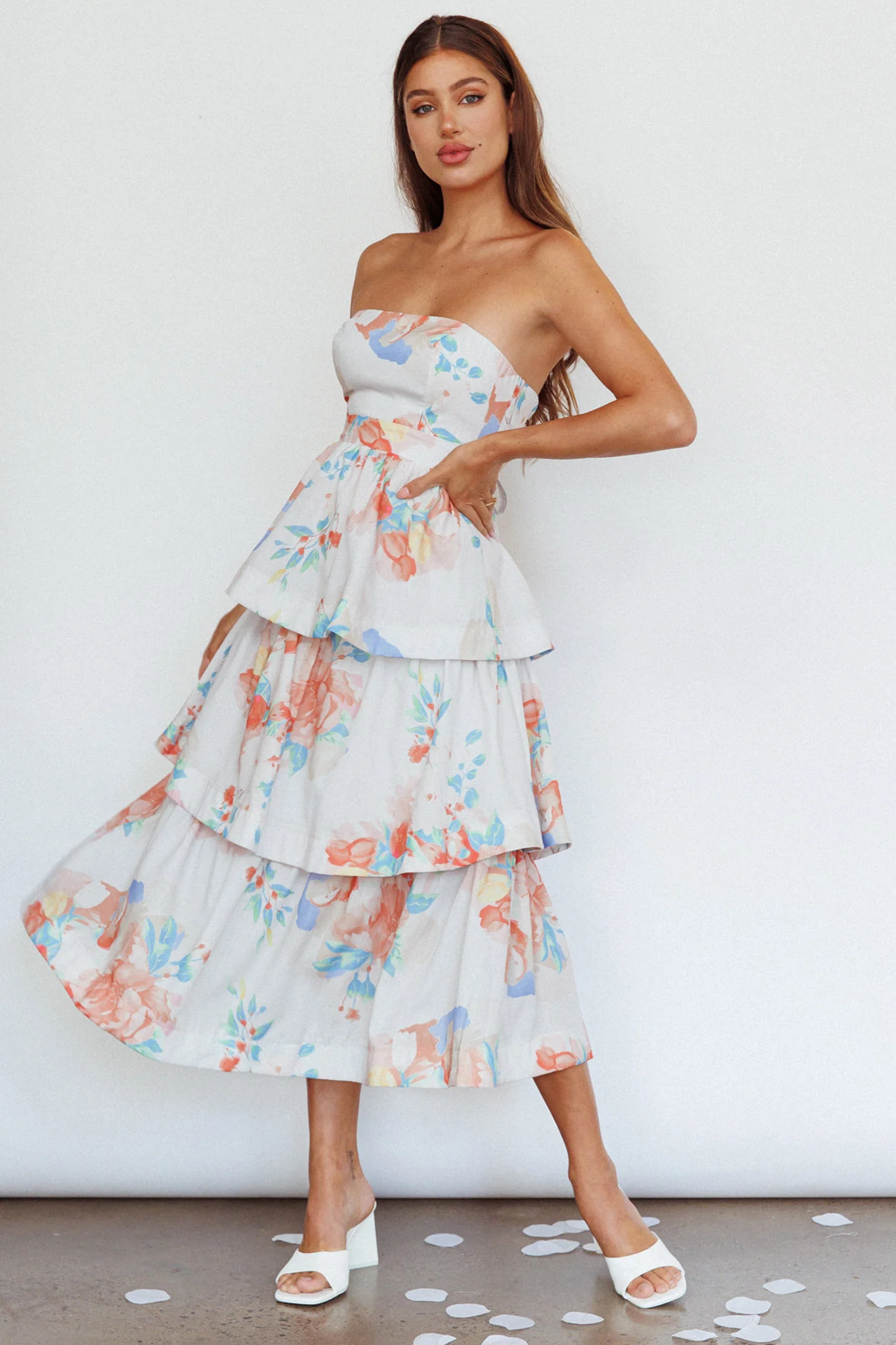 Outshine Strapless Tiered Midi Dress Floral Peach - Seraphlike