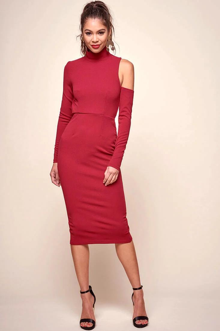 Sofie Asymmetrical cutout Turtle Neck Dress Red - Seraphlike