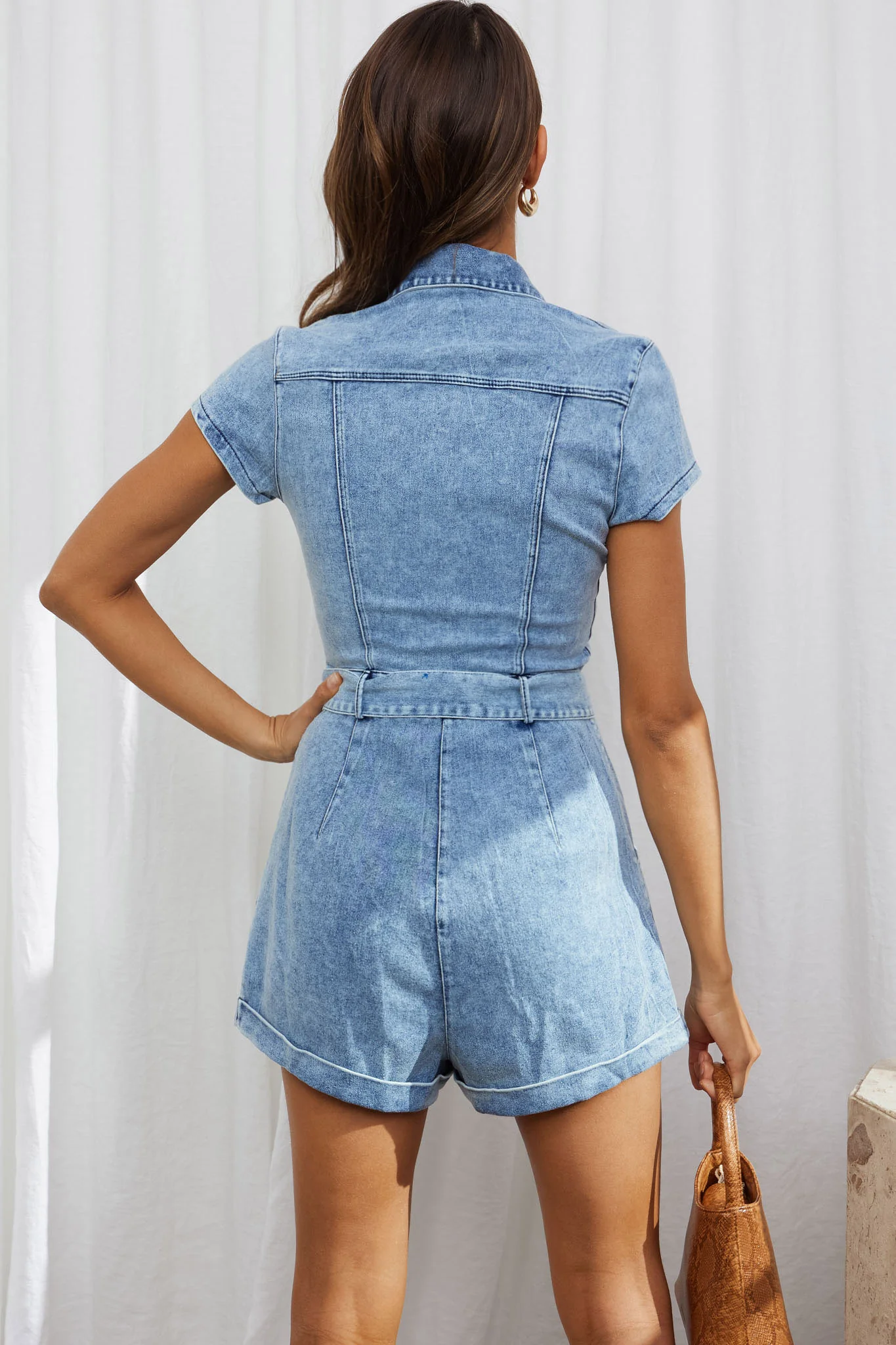 California Girl Short Sleeve Waist Tie Romper Denim Blue - Seraphlike