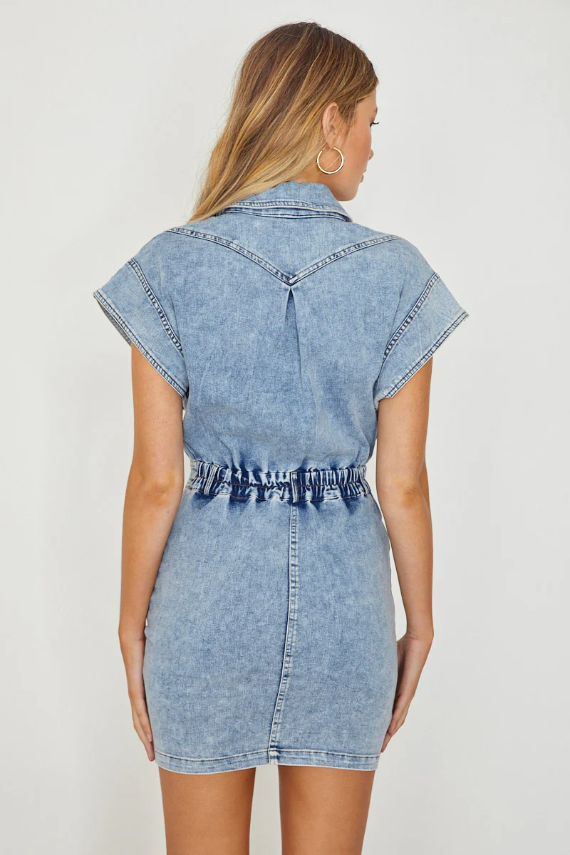 New Day Short Sleeve Button-Up Mini Dress Denim - Seraphlike