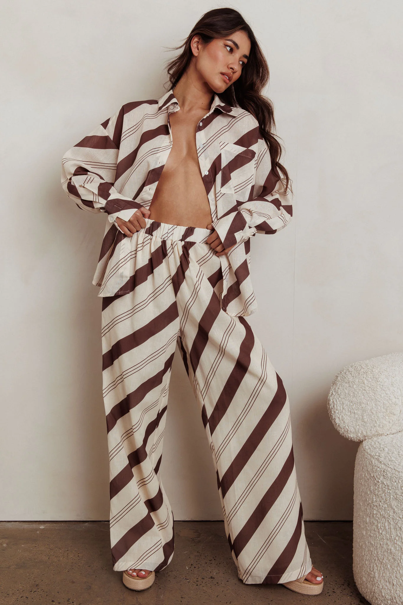 Alex Elastic Waist Striped Print Pant Cream/Cacao - Seraphlike