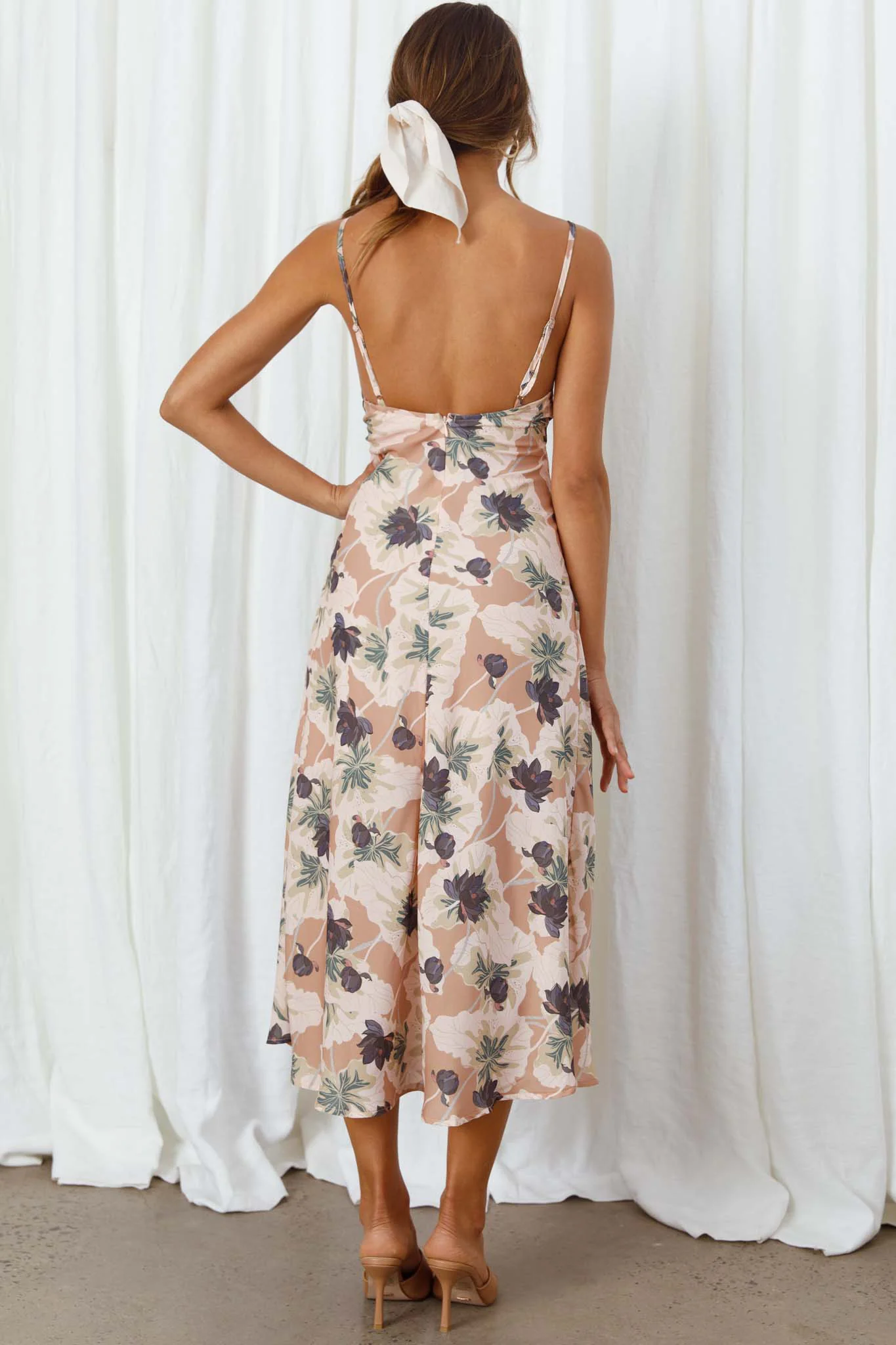 Melancholy Resin Buckle Satin Midi Floral Dress Mocha - Seraphlike