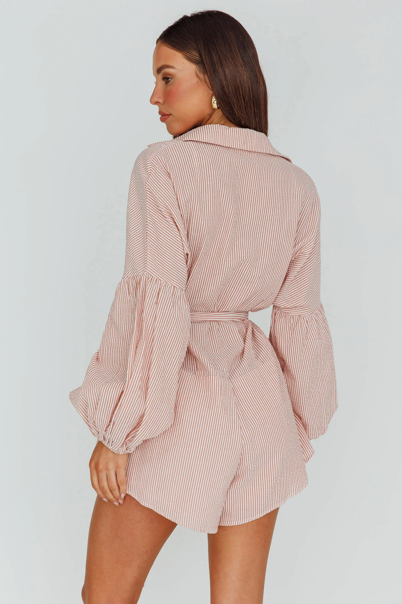 Daytona Beach Long Sleeve Shirt Romper Terracotta Stripe - Seraphlike