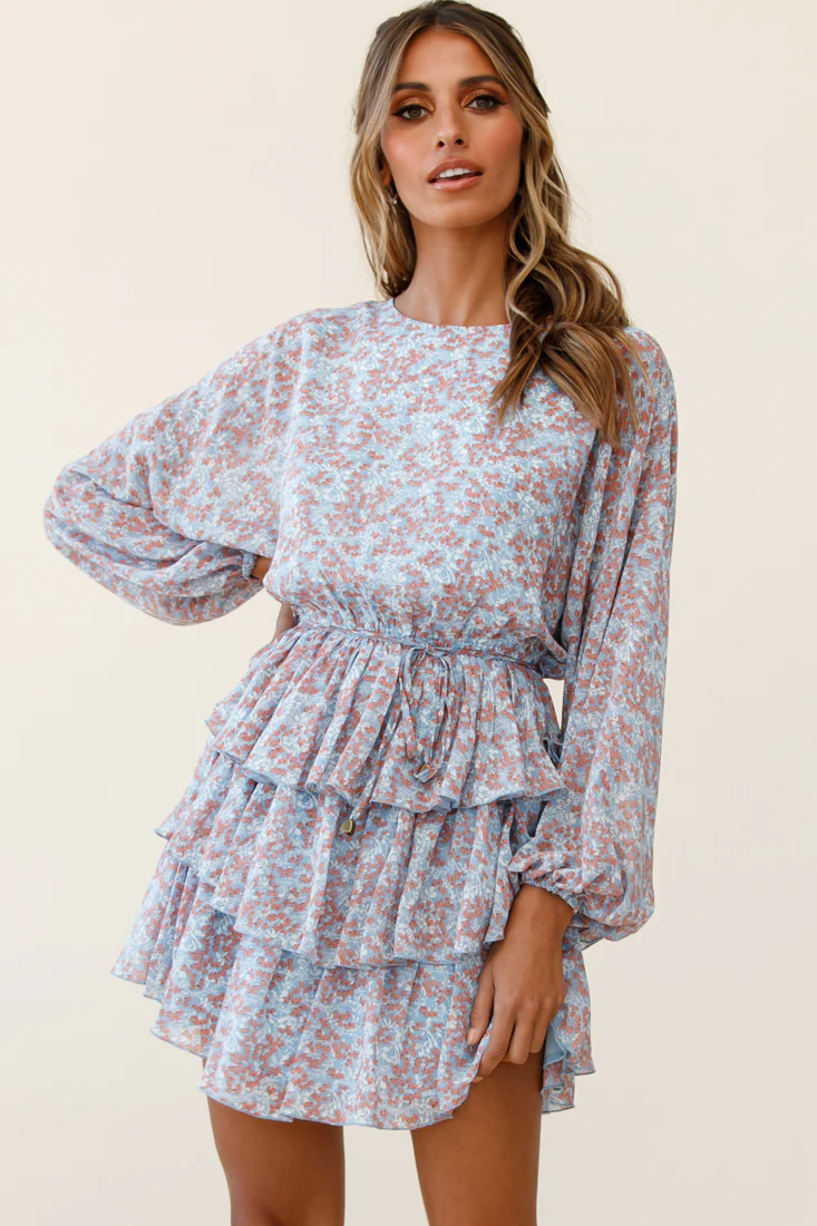 Odessa Long Sleeve Layered Ruffle Dress Floral Print Blue - Seraphlike