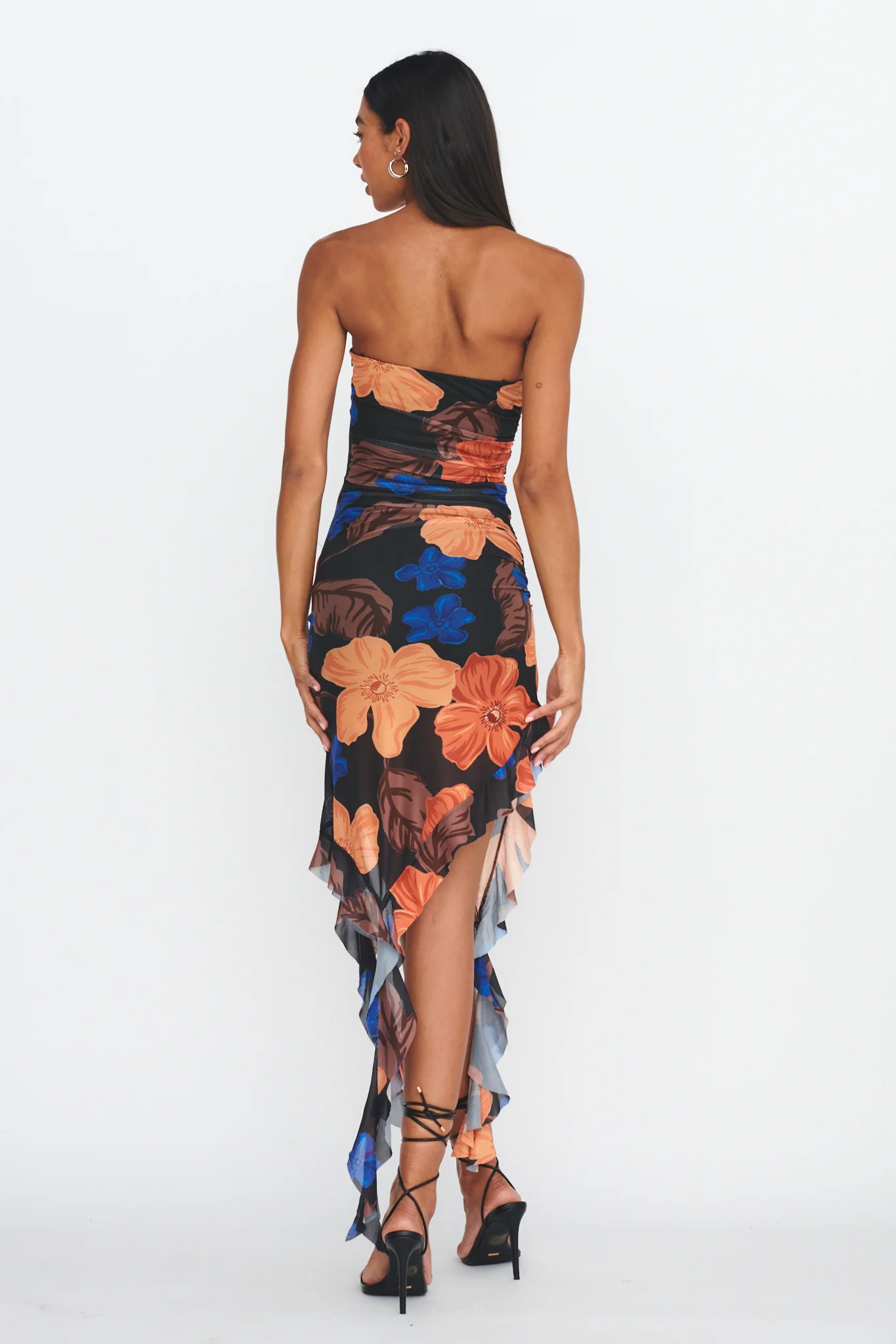 After Party Ruffle Trim Midi Dress Floral Black - Seraphlike