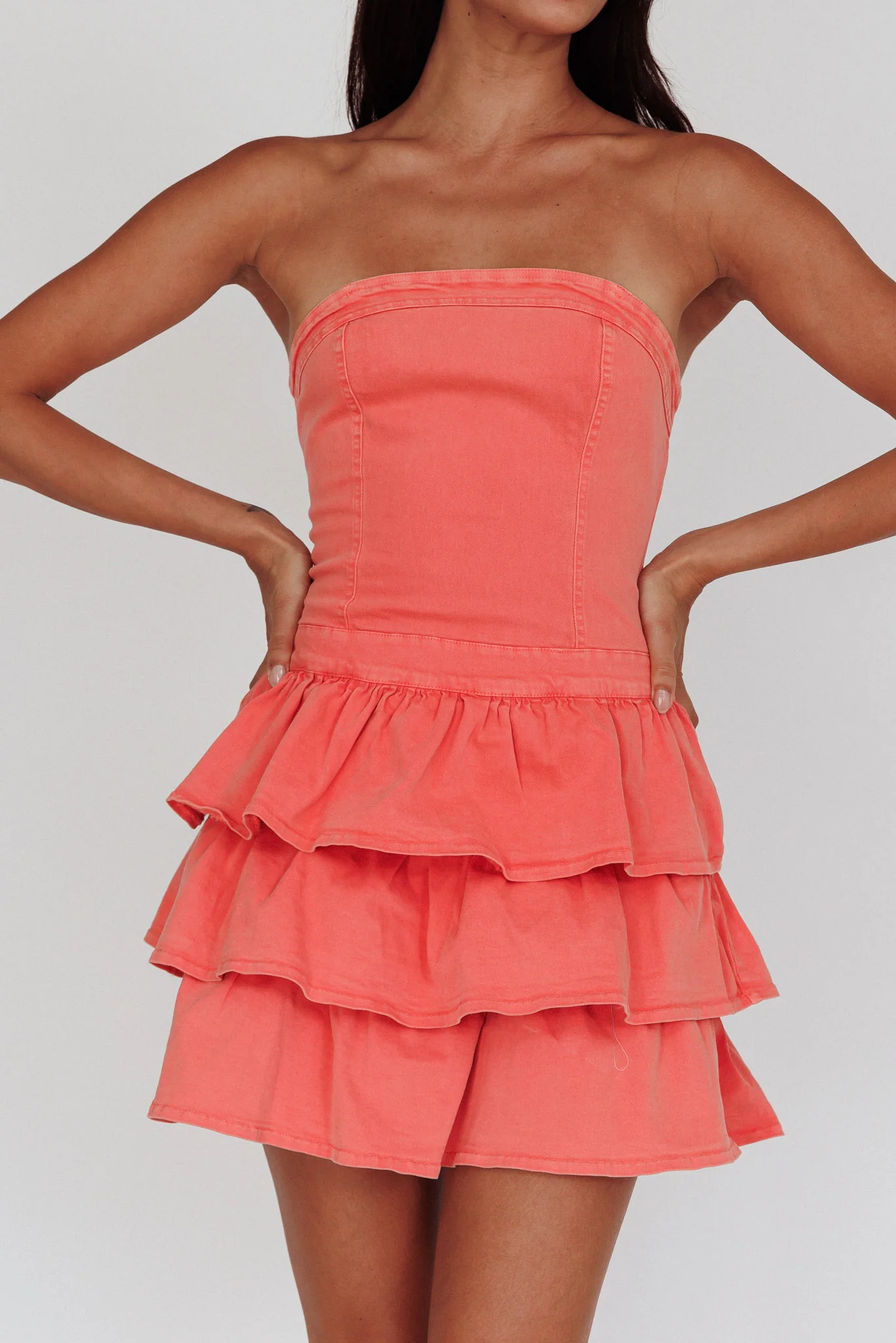 Philly Strapless Ruffle Mini Dress Sugar Coral - Seraphlike