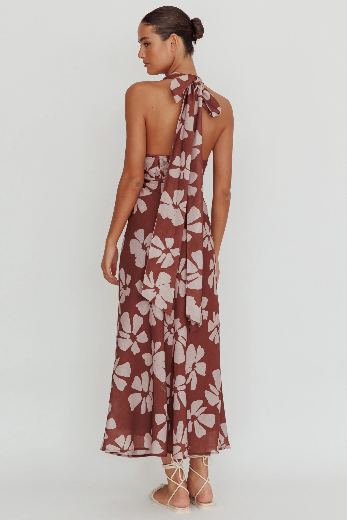 Italia Azure Halterneck Floral Maxi Dress Brown - Seraphlike