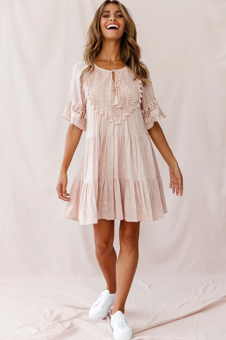 Jada Crochet and Tassel Kaftan Dress Beige - Seraphlike