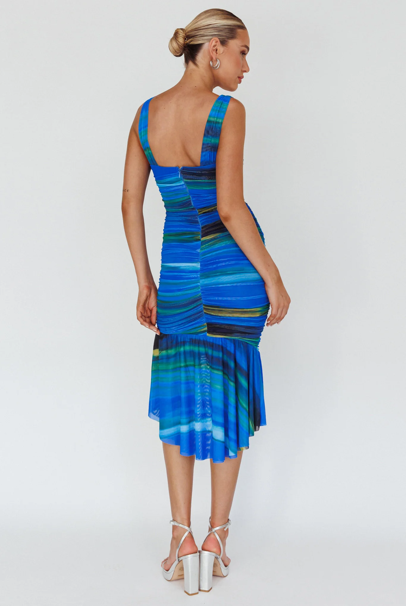 Nadia Ruched Fishtail Midi Dress Print Blue - Seraphlike
