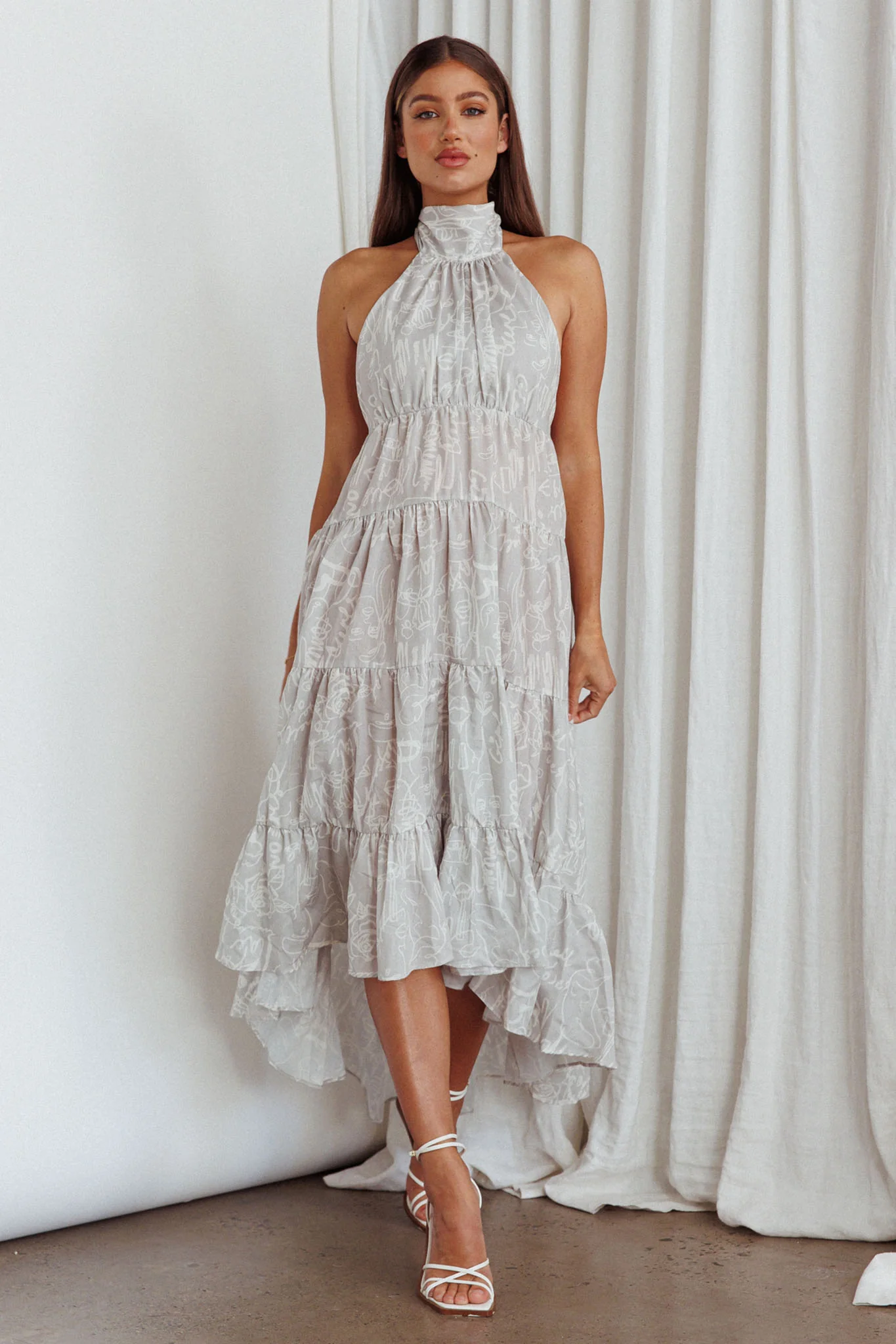 South Haven Halter Midi Dress Floral Beige - Seraphlike