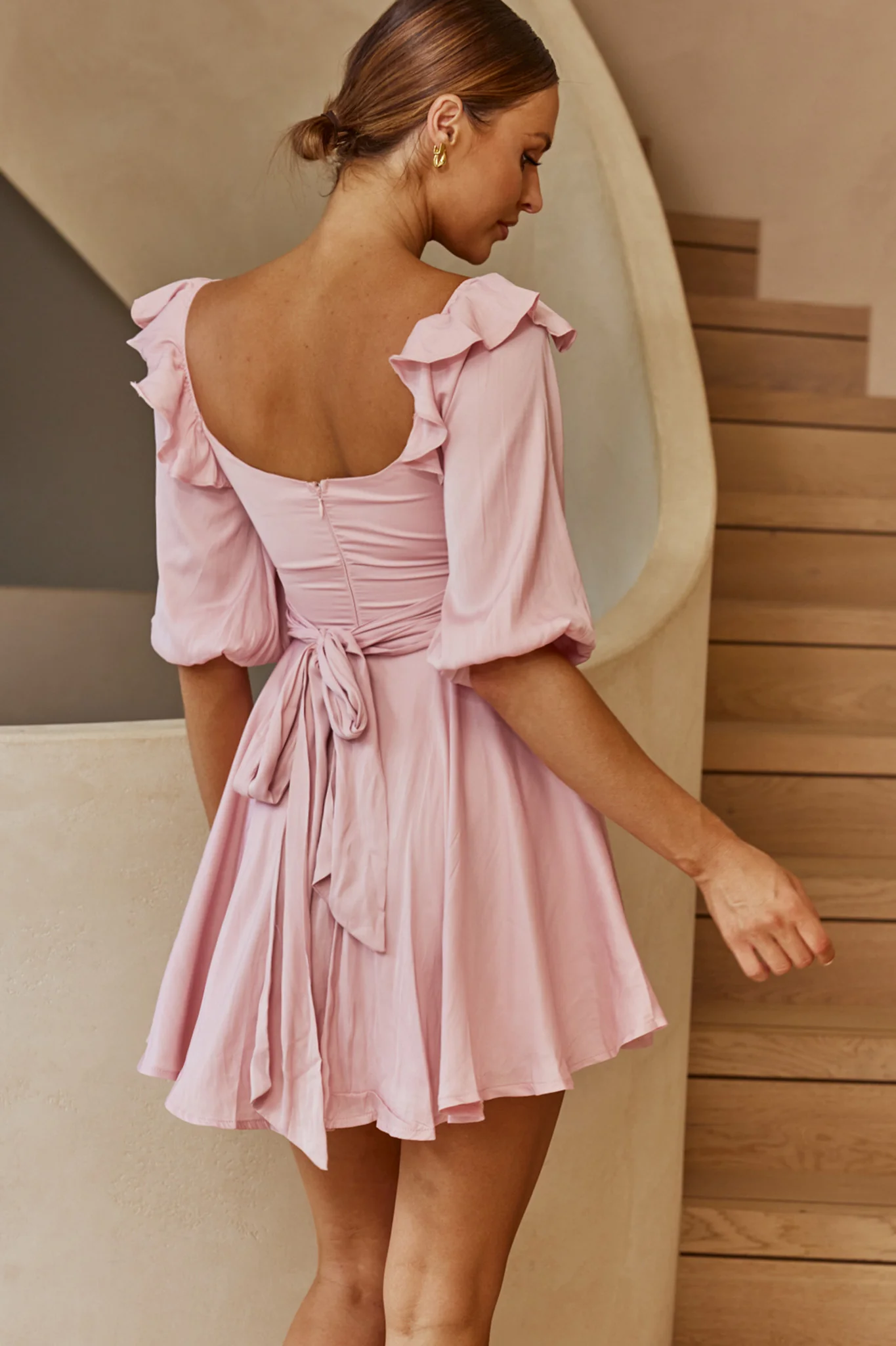 Only Yours Frill Trim Waist Tie Satin Mini Dress Blush - Seraphlike