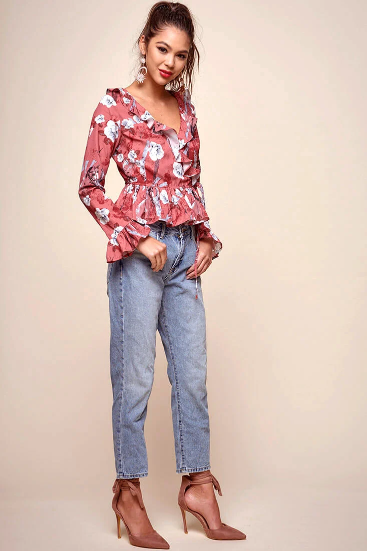Bellamy Ruffled Bell Sleeve Floral Top Red - Seraphlike