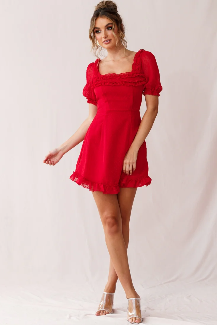 Lara Puff Sleeve Frill Dress Red - Seraphlike