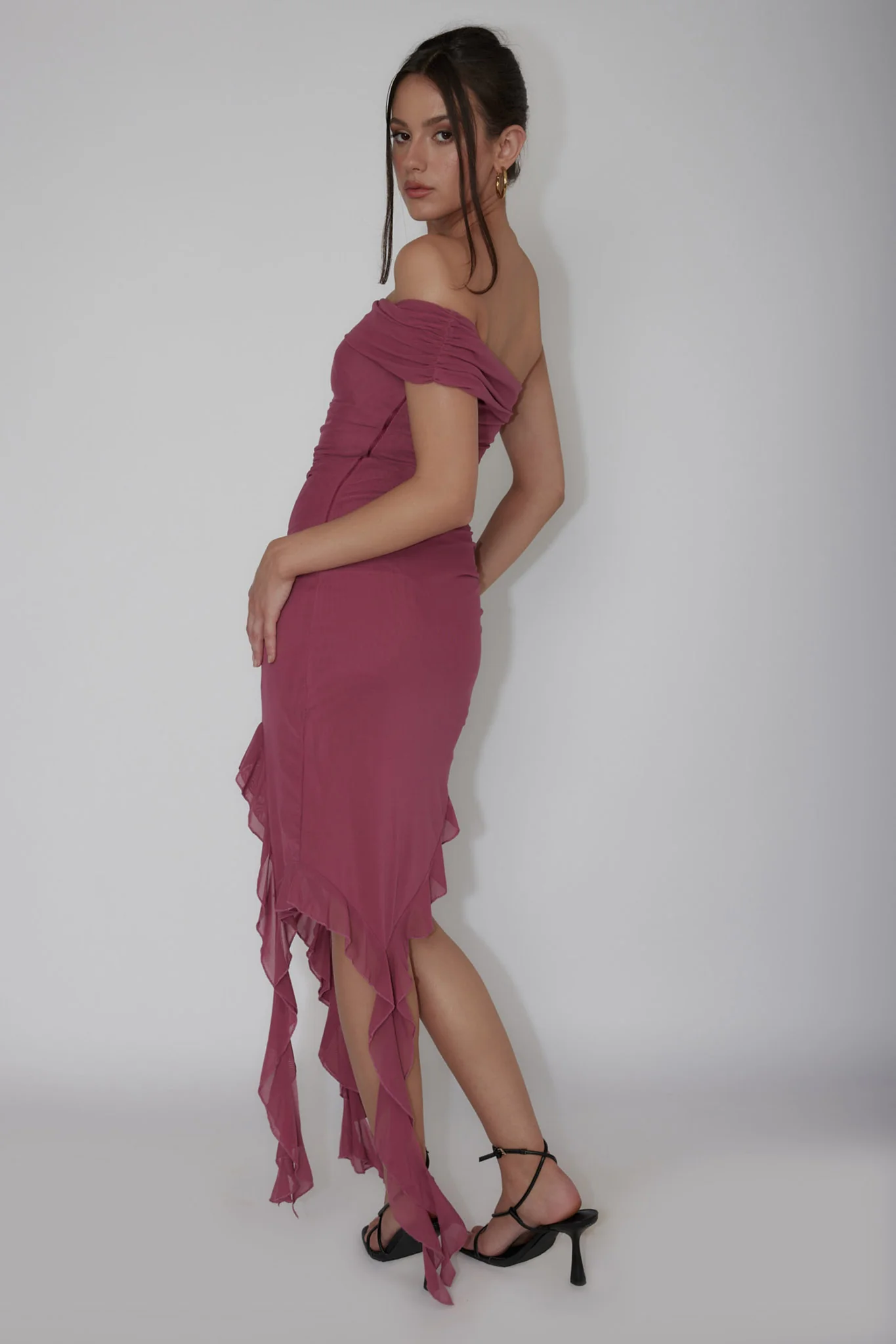 After Party One Sleeve Ruffle Mini Dress Dark Mauve - Seraphlike