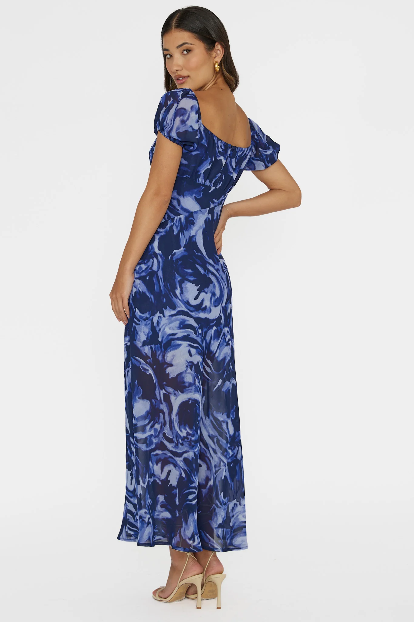 Park Avenue Puff Sleeve Midi Dress Print Blue - Seraphlike