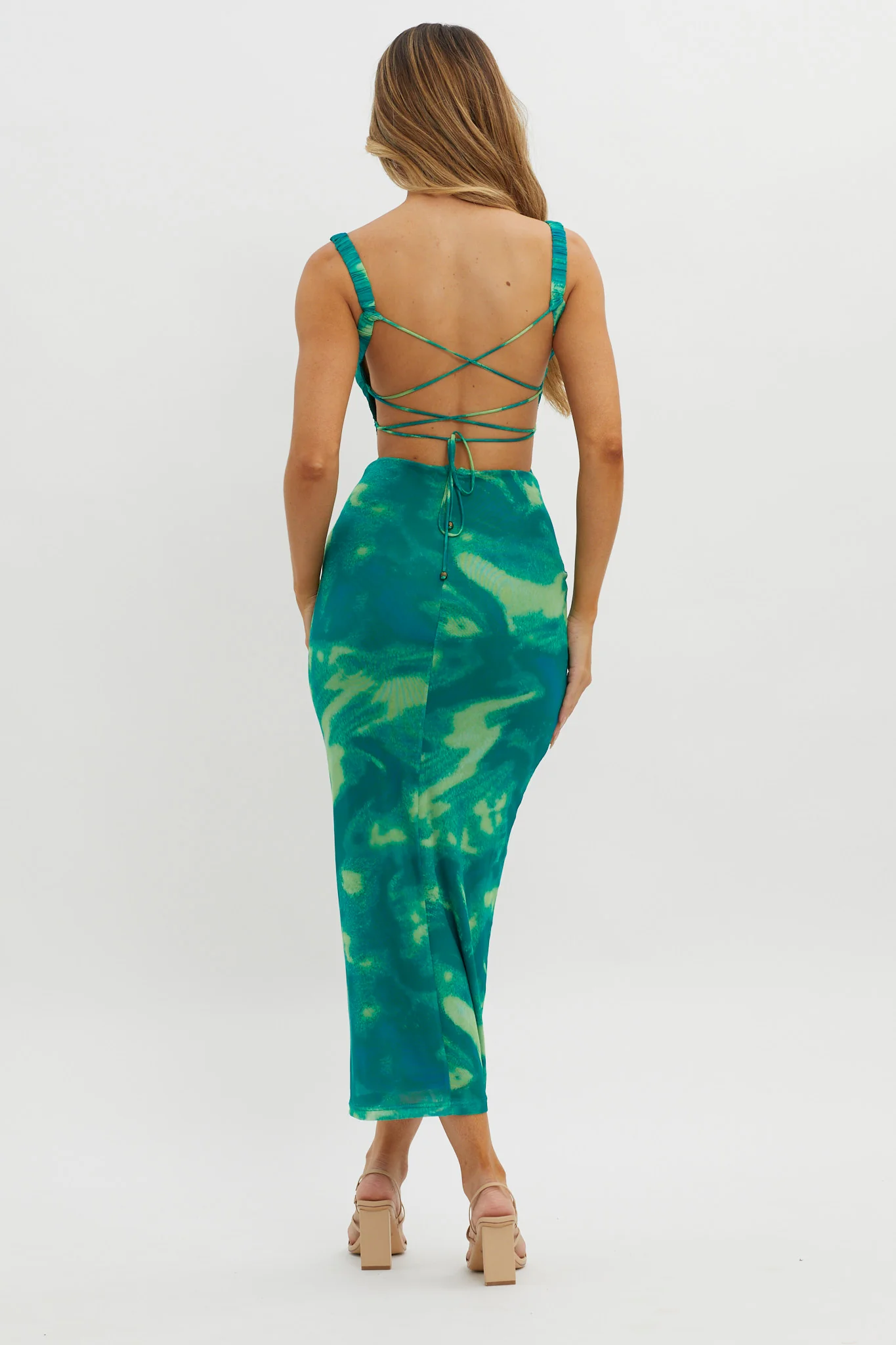 Dream Crush Lace-Up Back Side Split Maxi Dress Swirl Green - Seraphlike
