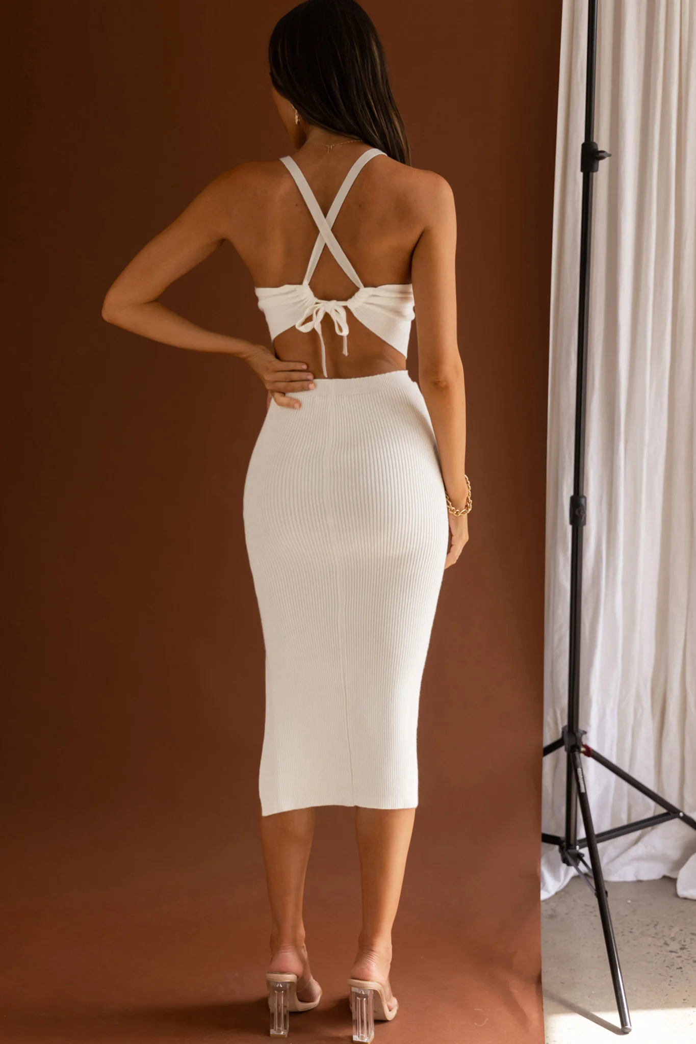 Mayfair Tie-Up Back Thigh Split Knit Midi Dress White - Seraphlike